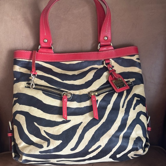 Dooney & Bourke Handbags - Dooney & Bourke Black and Cream Zebra Print Shoulder Bag with Red Trim